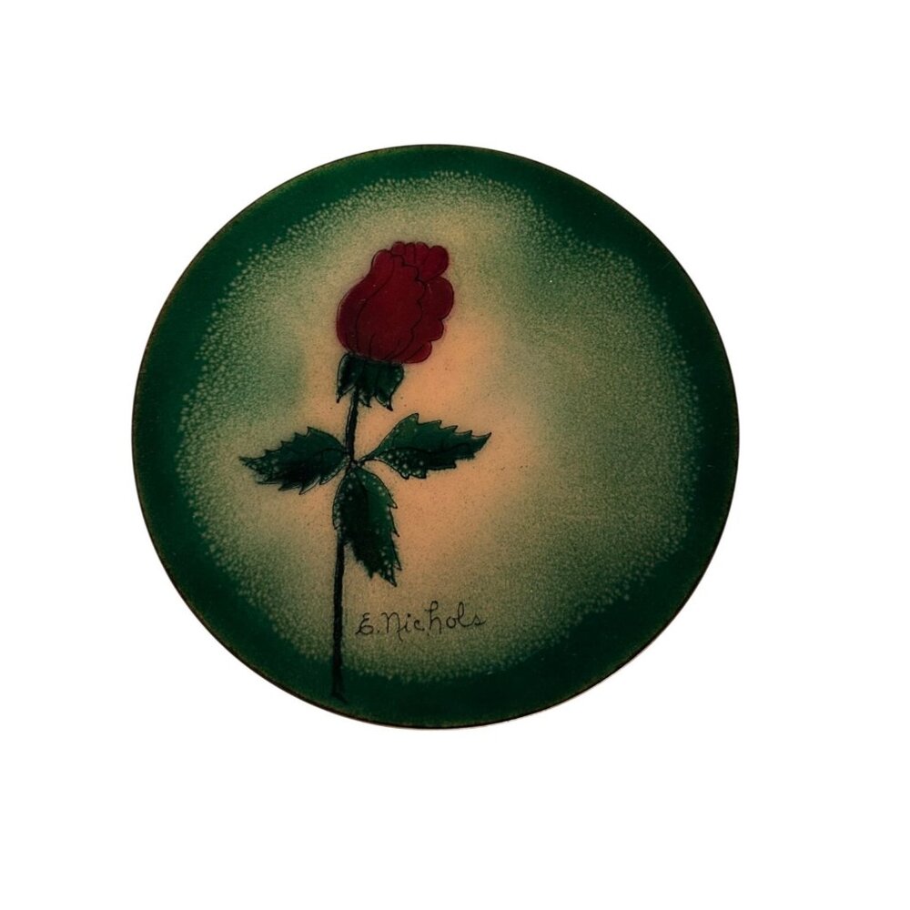 Decorative Ceramic 6 inch Saucer Plate Green Red Rose Design Signed E. Nichols